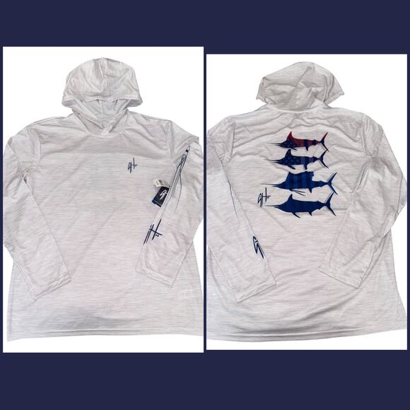 Guy Harvey White Fishing Hoodie LS Marlin American Flag UPF50 Performance L NEW - Picture 1 of 7